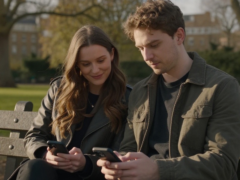 A young British couple sitting close together on a park bench in warm afternoon light, one person smiling calmly at their phone while the other watches patiently, capturing the contrast between anxious and secure attachment styles.
