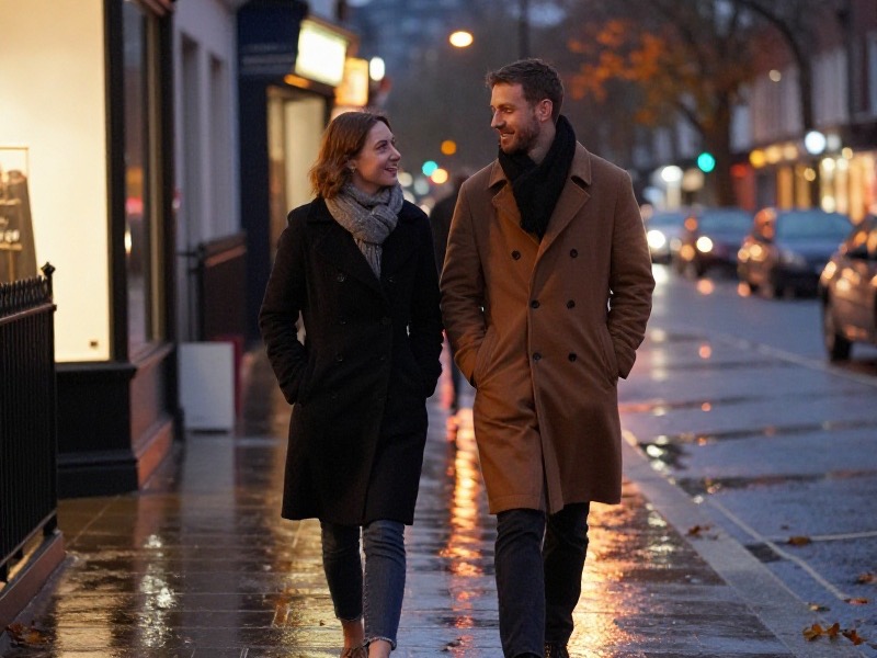 A couple in autumn coats share a bench outside a Manchester coffee shop on a dark, rainy afternoon, holding paper cups while one of them checks a phone.