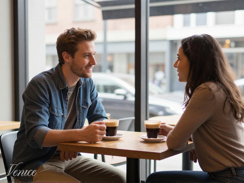 Two strangers having coffee at a well-lit cafe enjoying warm conversation under bright daylight near window