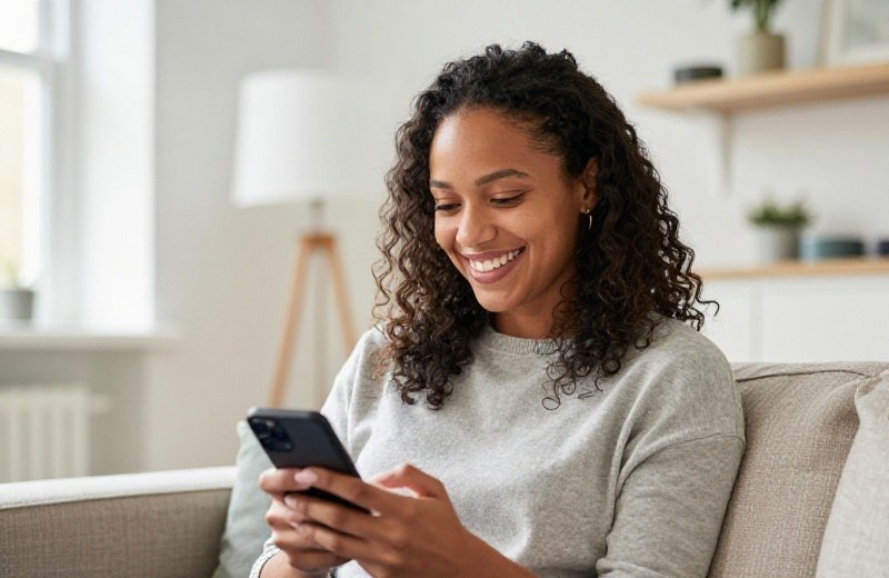 Smiling British woman in her early thirties sitting in a Manchester cafe holding her phone, warm natural daylight, photo-realistic