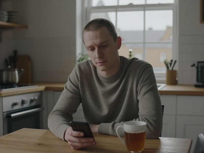 A man in a grey jumper sits alone at a wooden kitchen table in a British home, his phone in one hand beside a glass mug of tea, looking down with a resigned expression as daylight comes through the sash window.