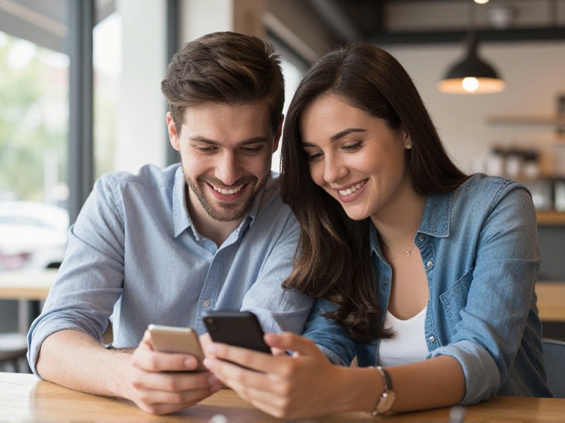 A relaxed young couple smiling during a video call on a laptop in a sunlit living room, holding mugs of coffee