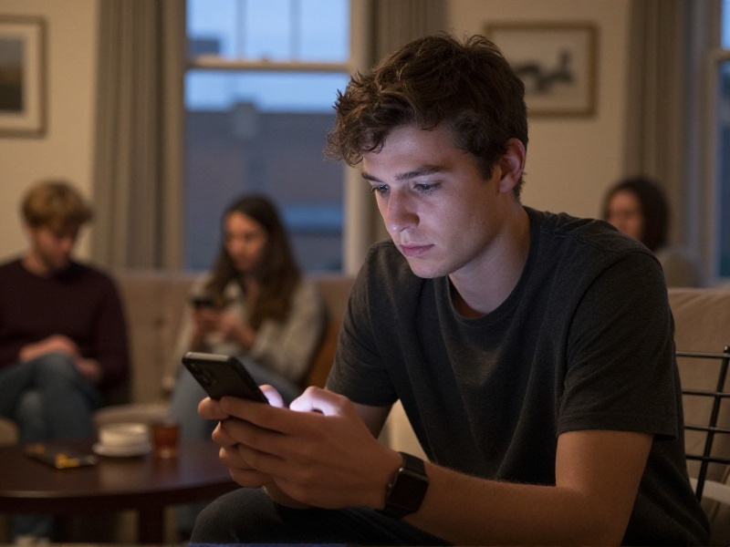 Young British man in a London flat looking thoughtfully at a dating app on his phone, evening soft light through the window