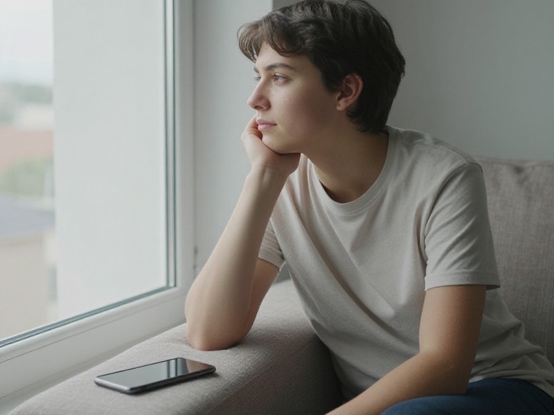A woman in her early thirties sitting by a window in a bright city flat, phone face down on the table beside her mug, looking out at the street with a calm, thoughtful expression after a disappointing message.