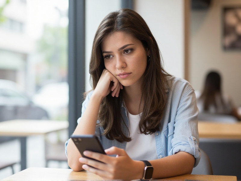 A young British woman sitting in a bright London cafe, thoughtfully comparing a dating profile on her phone with a coffee cup on the table