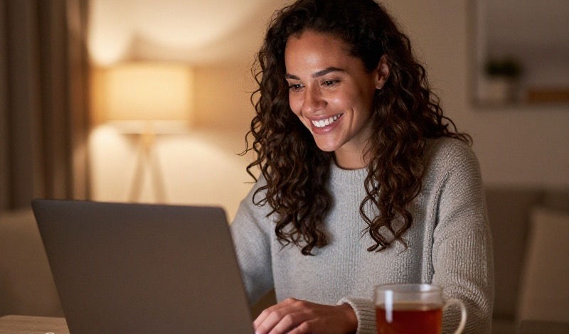 A young woman in a cosy London flat smiling warmly at her phone during an evening video call with a partner in another country