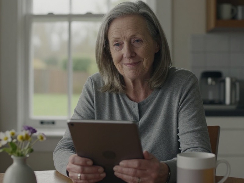 A smiling British woman in her fifties looks at a dating app on her phone while sitting in a garden.