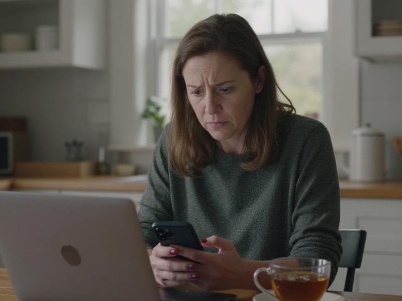 A woman in her fifties sits at the kitchen table of a British terraced house on a grey morning, a mug of tea beside her, reading messages on her phone with a worried expression