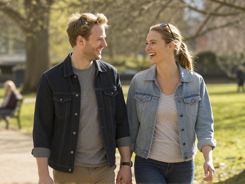 A relaxed British couple in their late twenties laughing together while strolling through a sunlit London park on a second date, casual weekend clothing, warm afternoon light