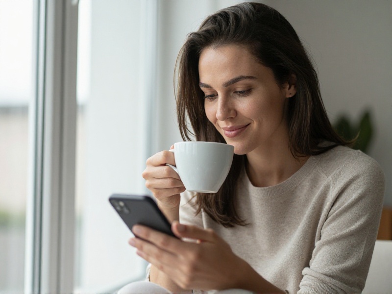 A calm young woman sitting by a bright window with a cup of tea and her phone, smiling gently and looking relaxed, reflecting emotional readiness before starting online dating