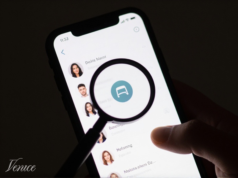 Close-up of smartphone screen showing dating profile with magnifying glass icon overlay, hand holding the phone, dim ambient lighting, investigative mood
