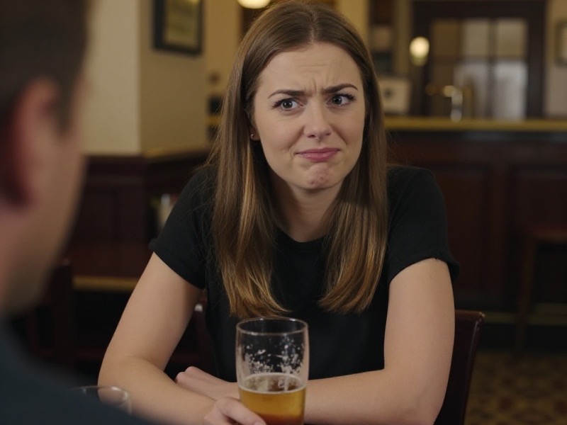 A woman in a British pub glances away from her date with a flat, unimpressed expression while he talks, warm evening light and half-finished pints on the table.